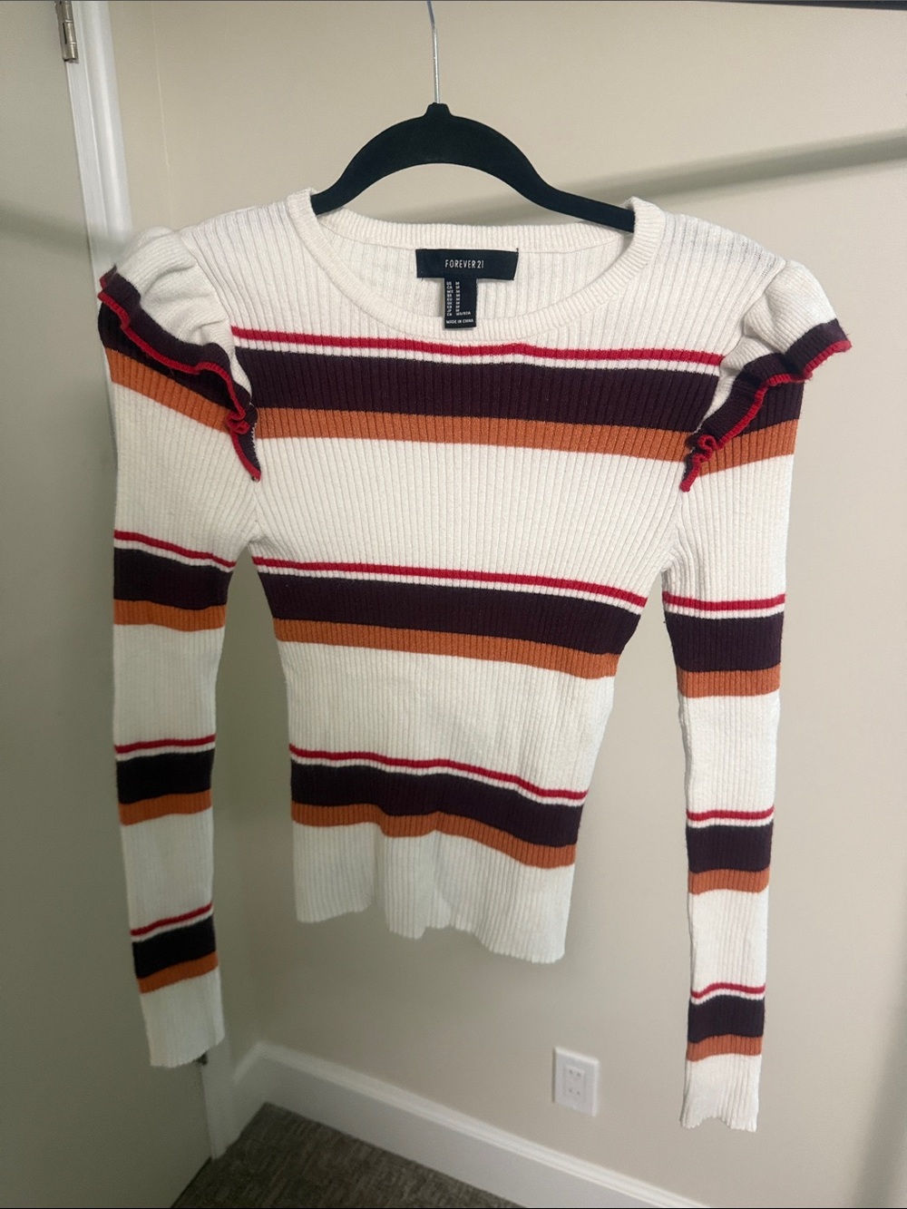 Forever 21 Cream Ribbed Sweater with Burgundy, Rust and Red Stripes